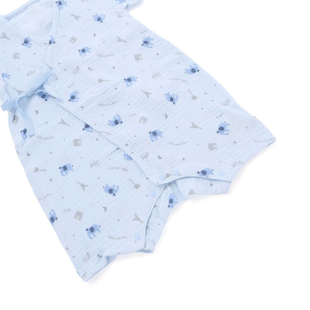 【お揃い】ガーゼアニマルプリントカバー半袖オール(70~80cm) ブルー系 ワンサイズ