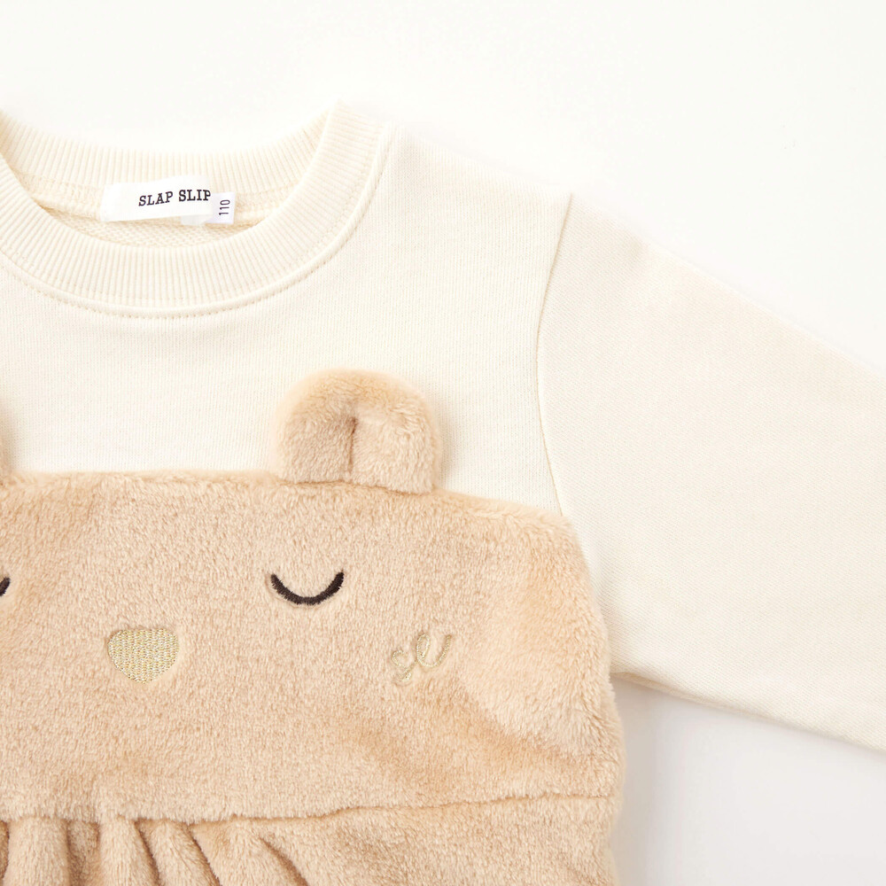 アニマルウサギクマネコモコモコボアドッキング肩フリルワンピース(80~130cm) ベージュ(クマ) 80cm