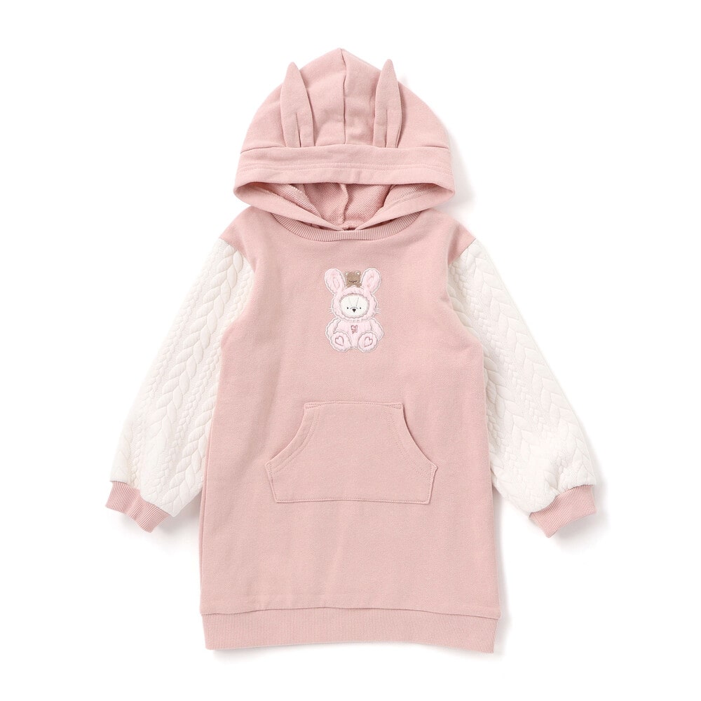 ウサギネコアニマルふわふわパッチ刺しゅう袖切り替えフーディーワンピース(80~130cm) ピンク(ウサギ) 80cm