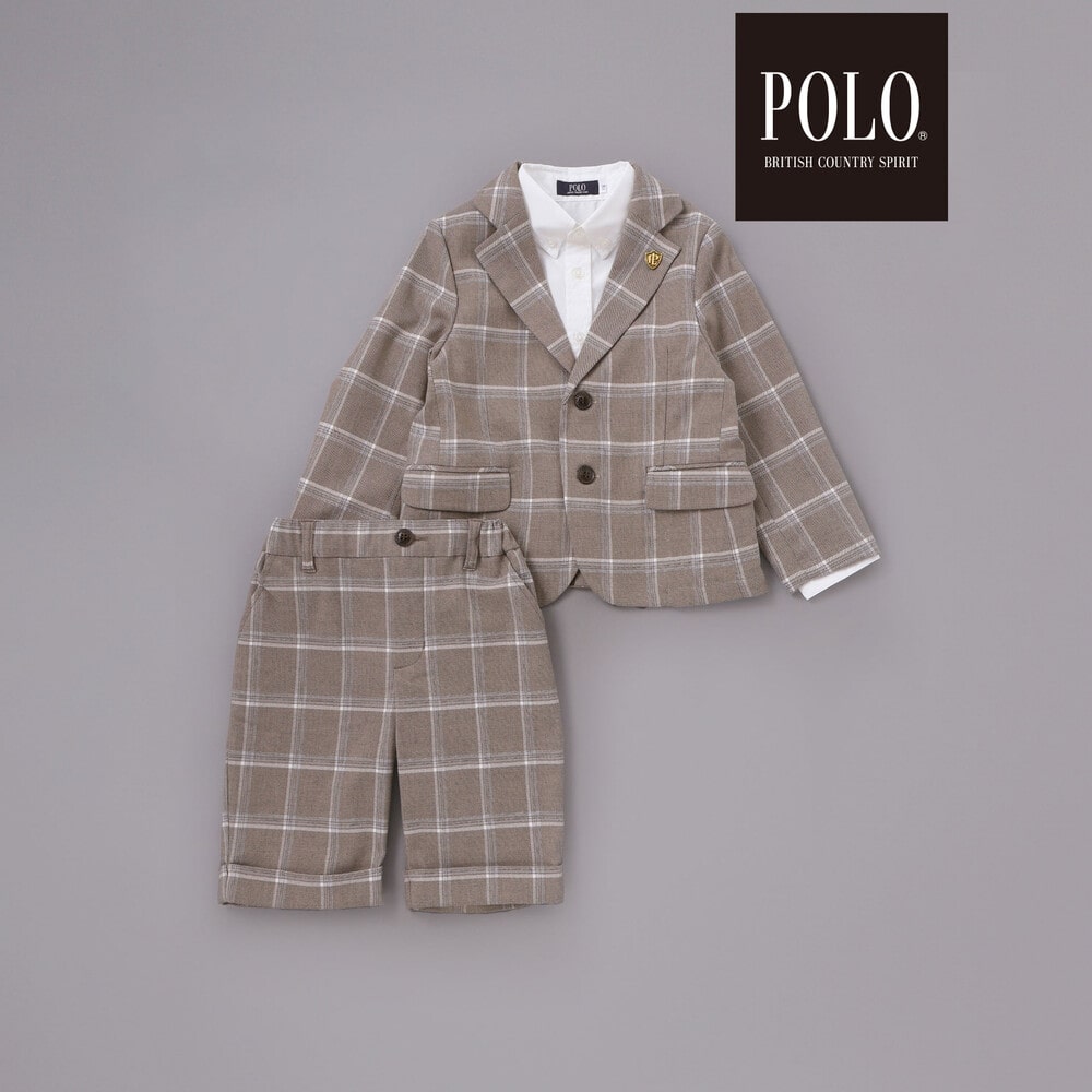 【POLO BCS(ポロ・ビーシーエス)×SLAP SLIPコラボ】無地チェックスーツ+シャツ3点セット(110~130cm) ネイビー 110cm