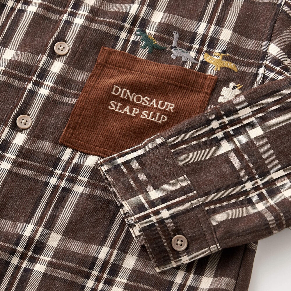 【お揃い】配色コールテン襟付チェック柄シャツ(80~130cm) ブラウン系 80cm