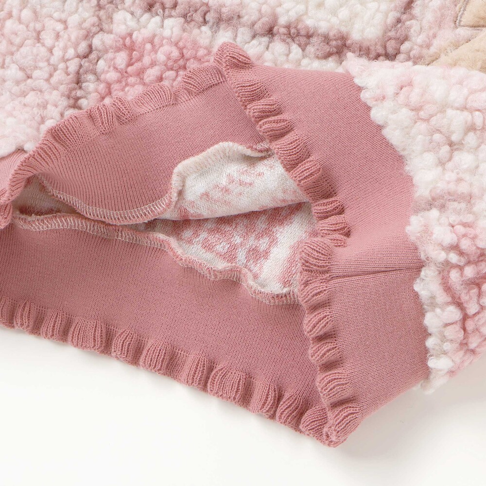 ハートリボンキラキラボアパッチもこもこチェックトレーナー(80~130cm) ブルー系 80cm