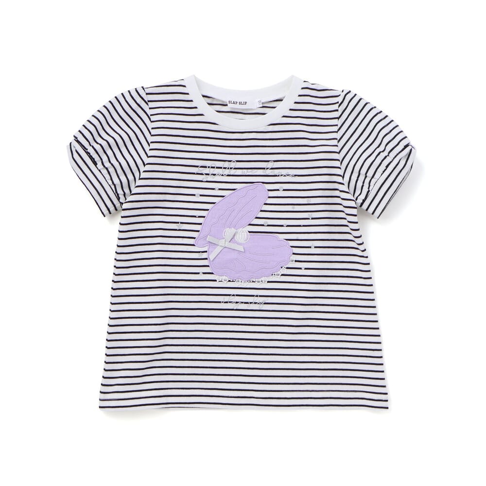 【お揃い】モチーフパッチ刺しゅうリボンスリーブ半袖Tシャツ(80~130cm) ブルー系 80cm