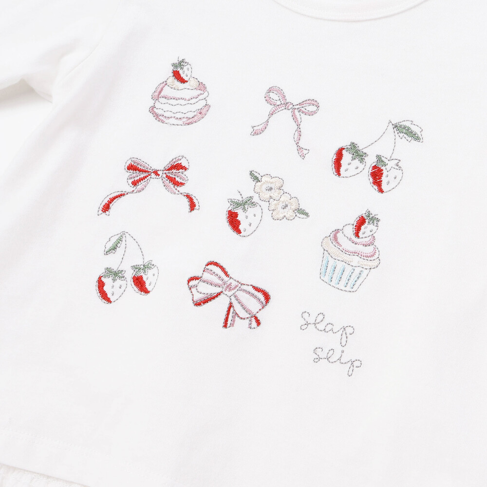イチゴ刺しゅう裾フリル長袖Tシャツ(80~130cm) ピンク 80cm