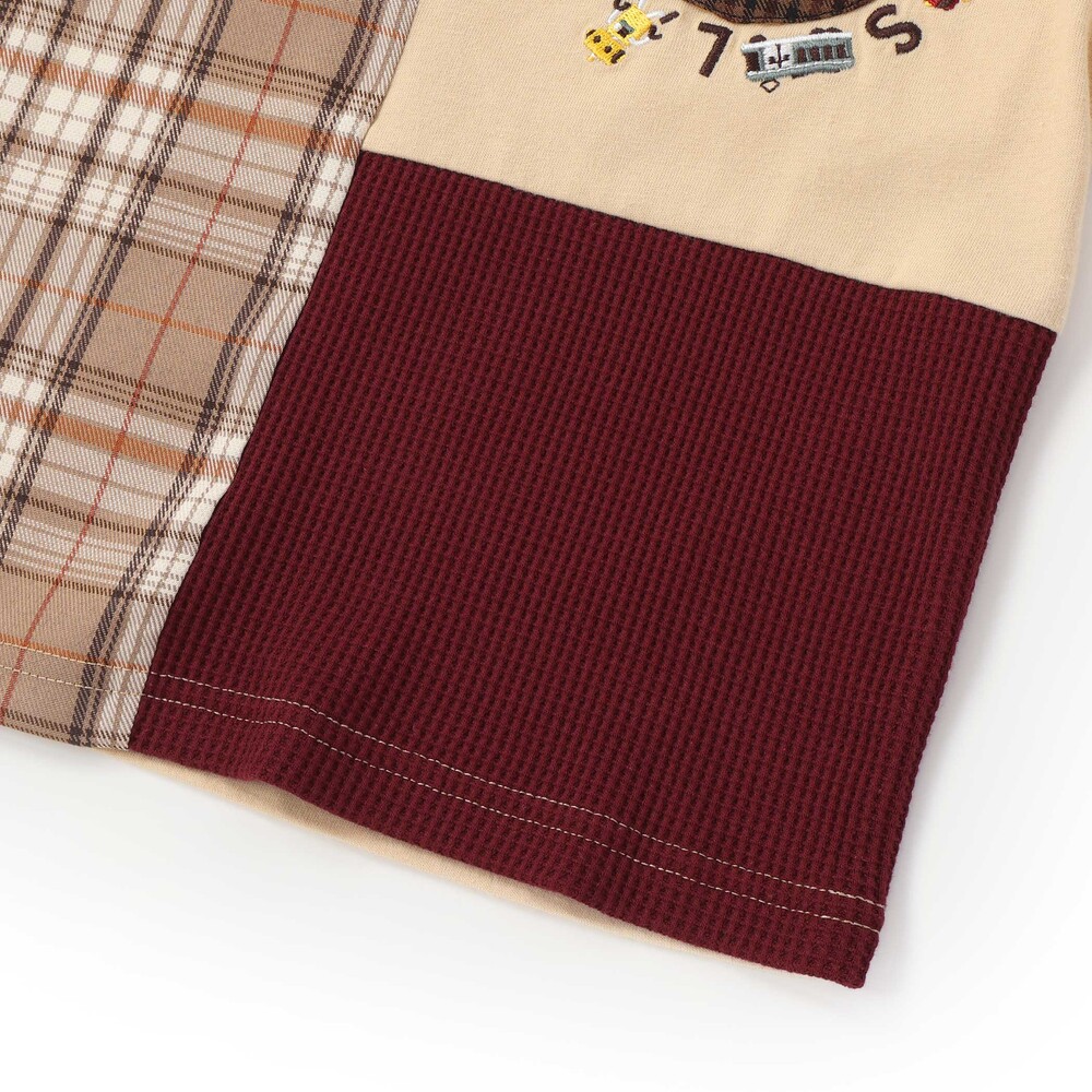 【お揃い】モチーフ刺しゅうチェック切り替え長袖Tシャツ(80~130cm) オフホワイト 80cm