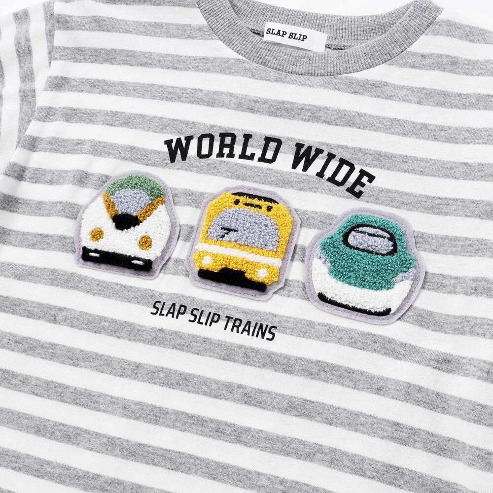 電車モチーフサガラ刺しゅうボーダー柄長袖Tシャツ(80~130cm) ブルー系 80cm