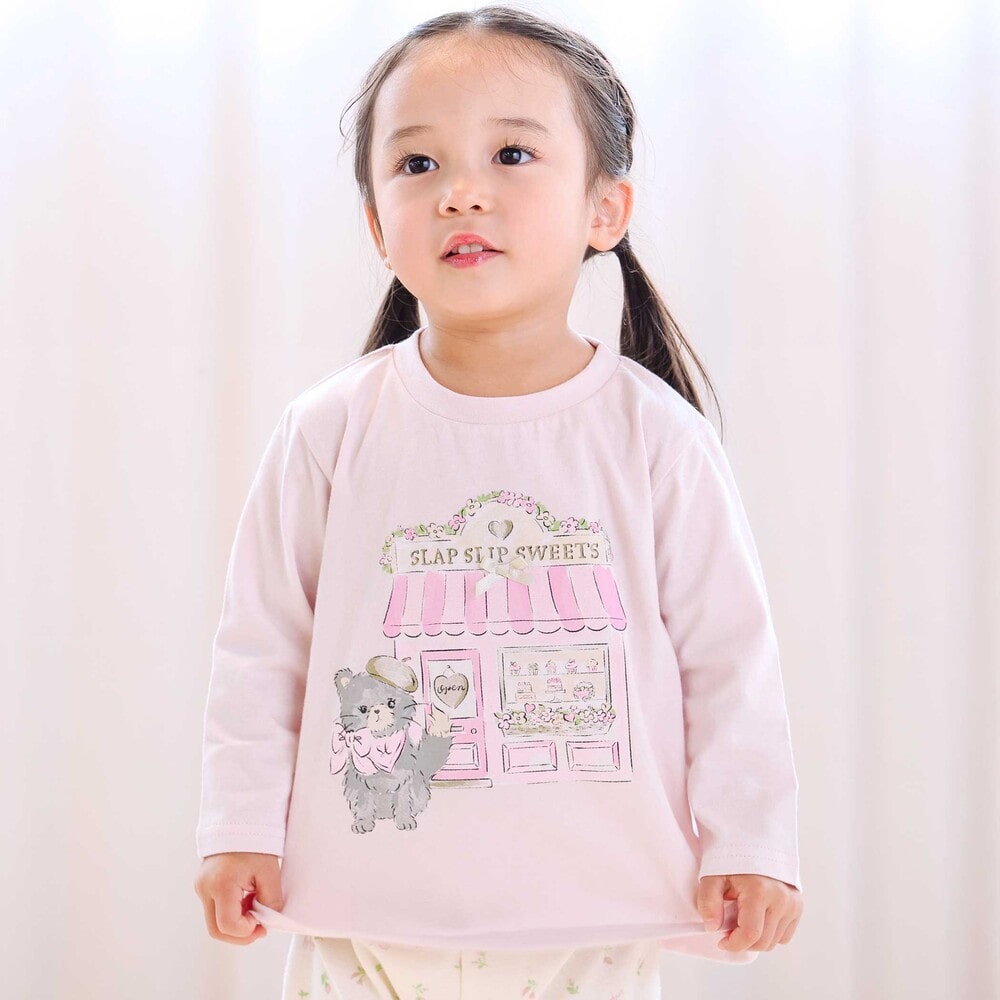 【スララク/防汚加工/オーガニックコットン】ときめきデザイン女の子長袖Tシャツ(80~130cm) ブラックドット×チェリー刺しゅう 80cm