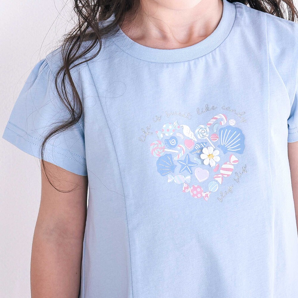 【スララク/吸汗速乾/接触冷感/オーガニックコットン】ときめき女の子半袖Tシャツ(80~130cm) コーラル×お花アイス×袖フレア 80cm