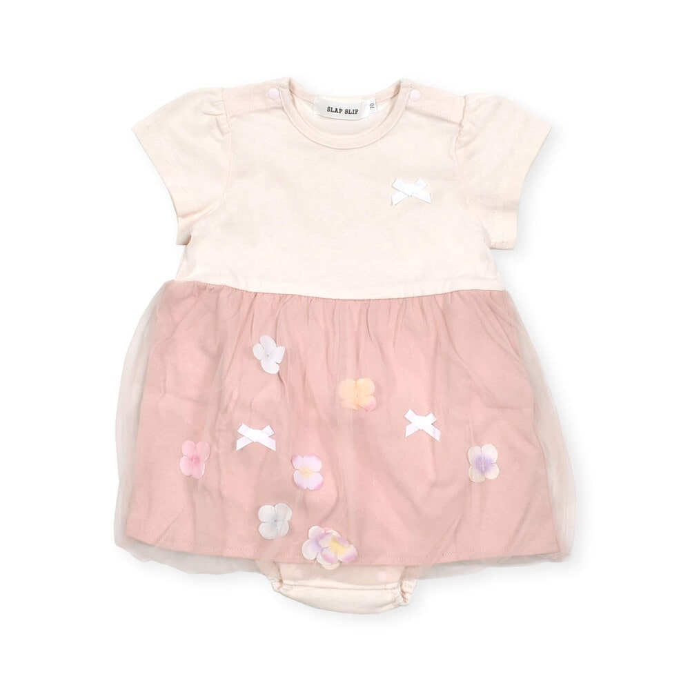 【お揃い】お花モチーフフワフワチュールロンパースベビー(70~80cm) ピンク 70cm