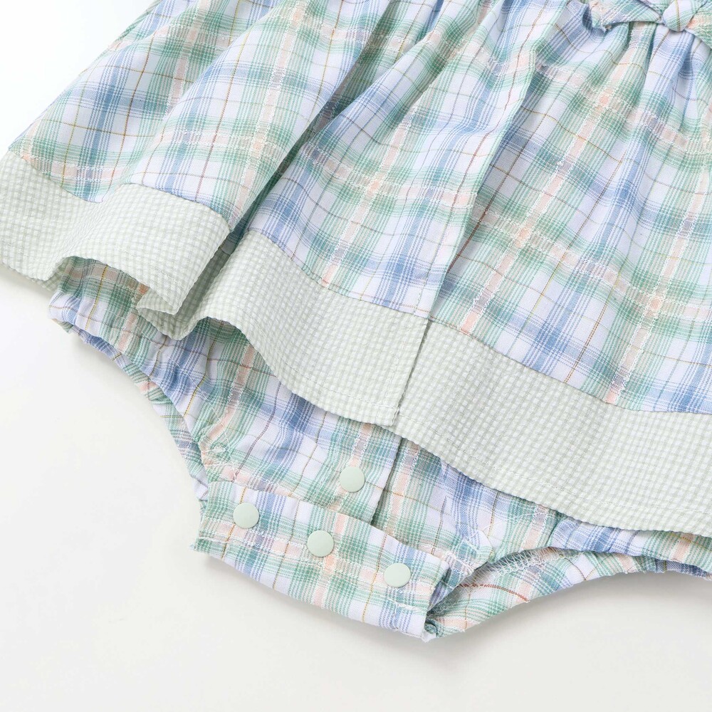 【お揃い】リボン付きマドラスチェックカバーオールベビー(70~80cm) ブルー系 70cm