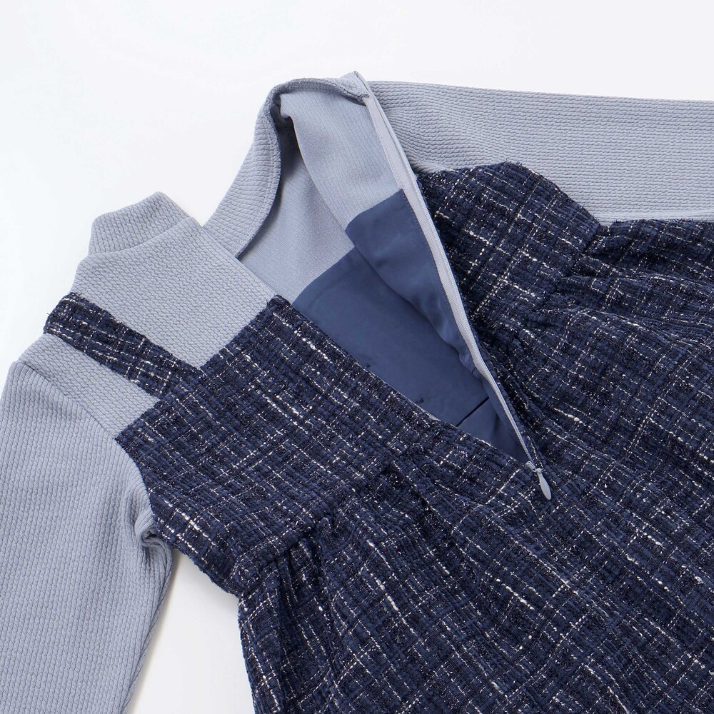 【お揃い】エタンセルラメツイードドッキングワンピース(90~160cm) ネイビー系 90cm