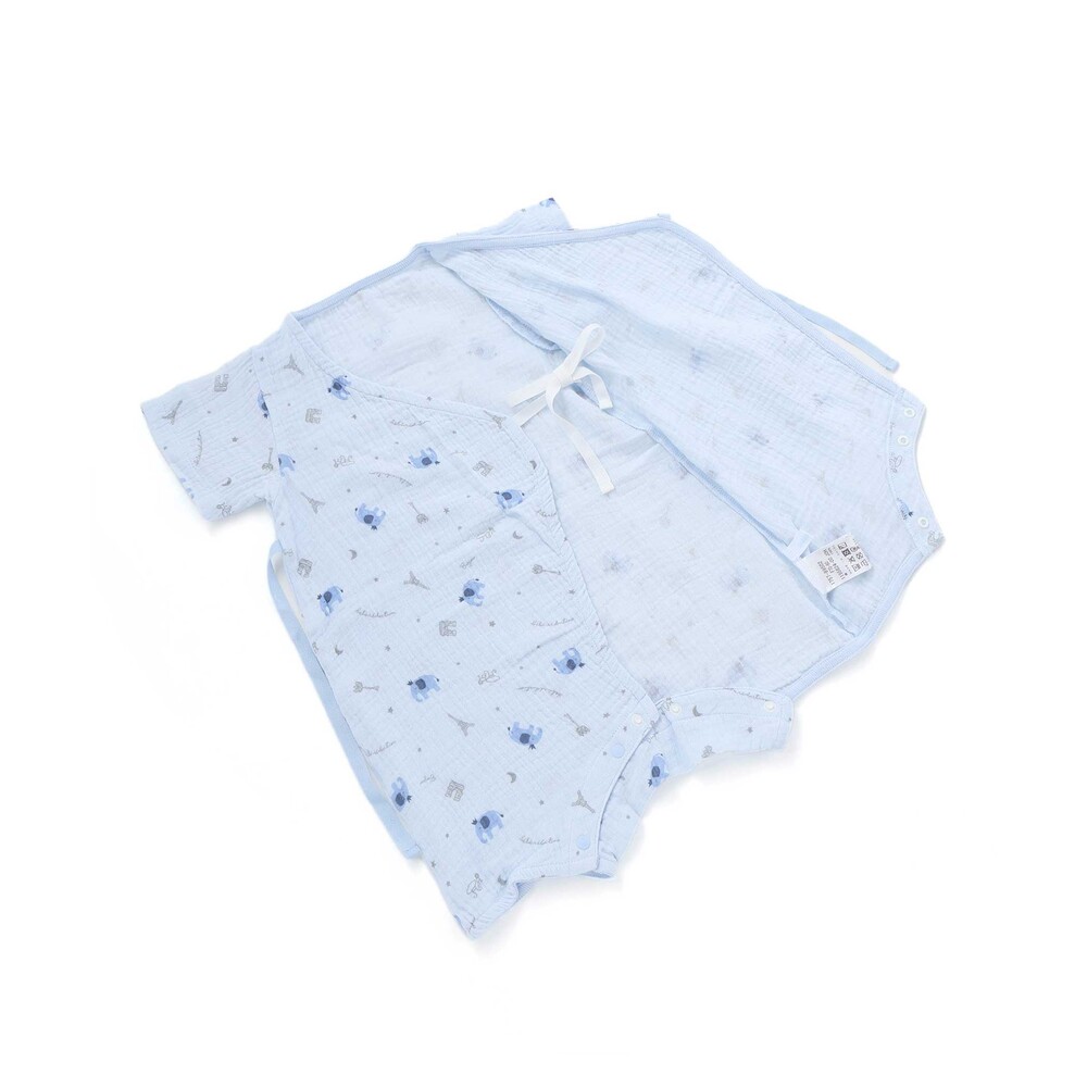 【お揃い】ガーゼアニマルプリントカバー半袖オール(70~80cm) ブルー系 ワンサイズ