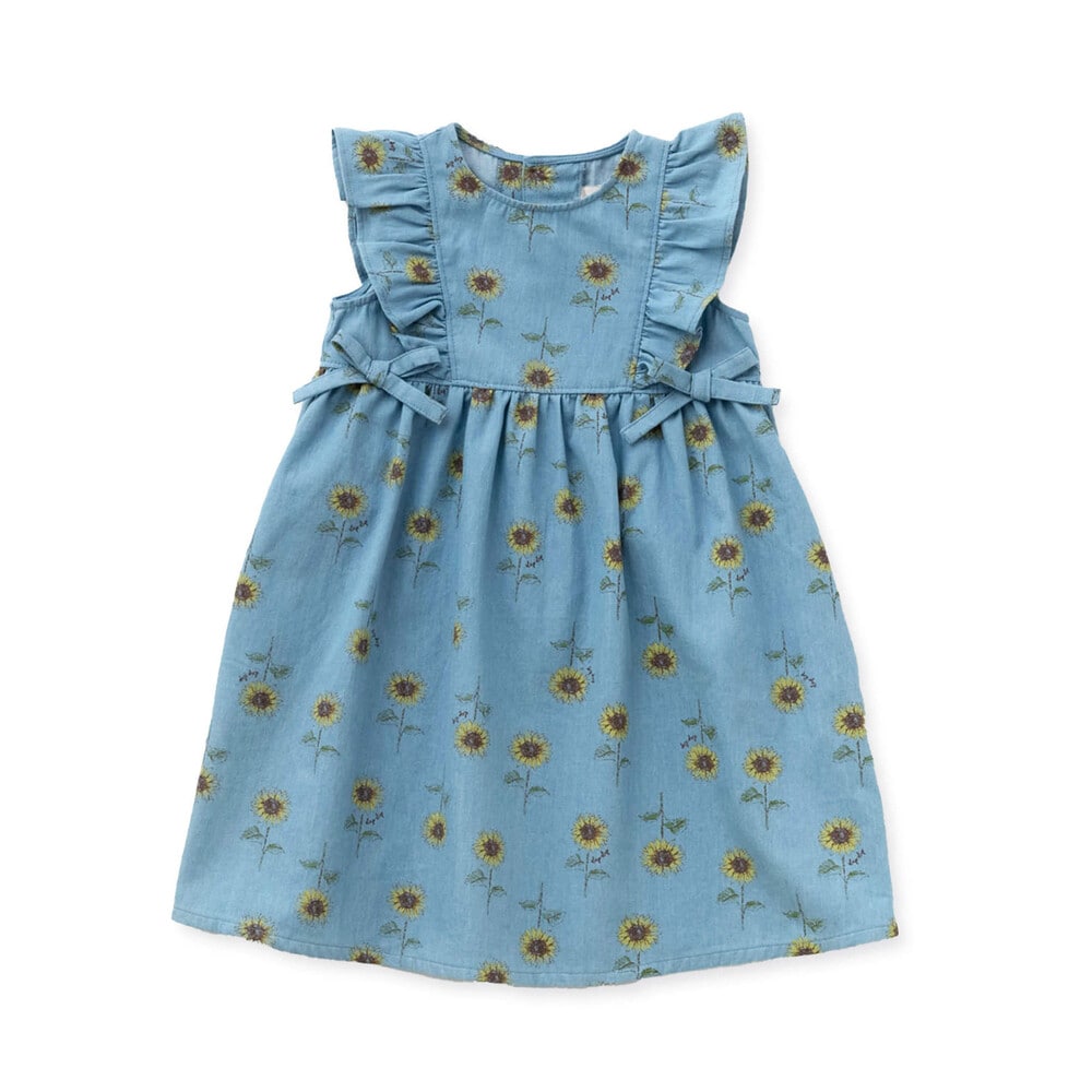 【 お揃い 】 ひまわり 総柄 デニム 布帛 ワンピース (80~130cm) ブルー系 90cm