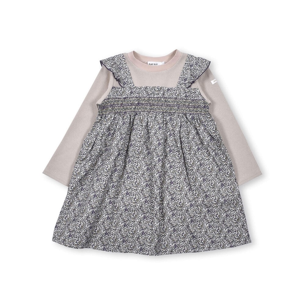 【 お揃い 】 花柄 プリント スモッキング 刺繍 ドッキング Wフェイス ワンピース (80~130cm) グリーン系 110cm