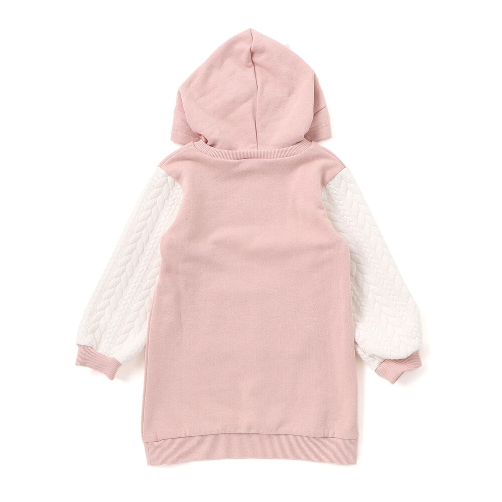 ウサギネコアニマルふわふわパッチ刺しゅう袖切り替えフーディーワンピース(80~130cm) ピンク(ウサギ) 80cm