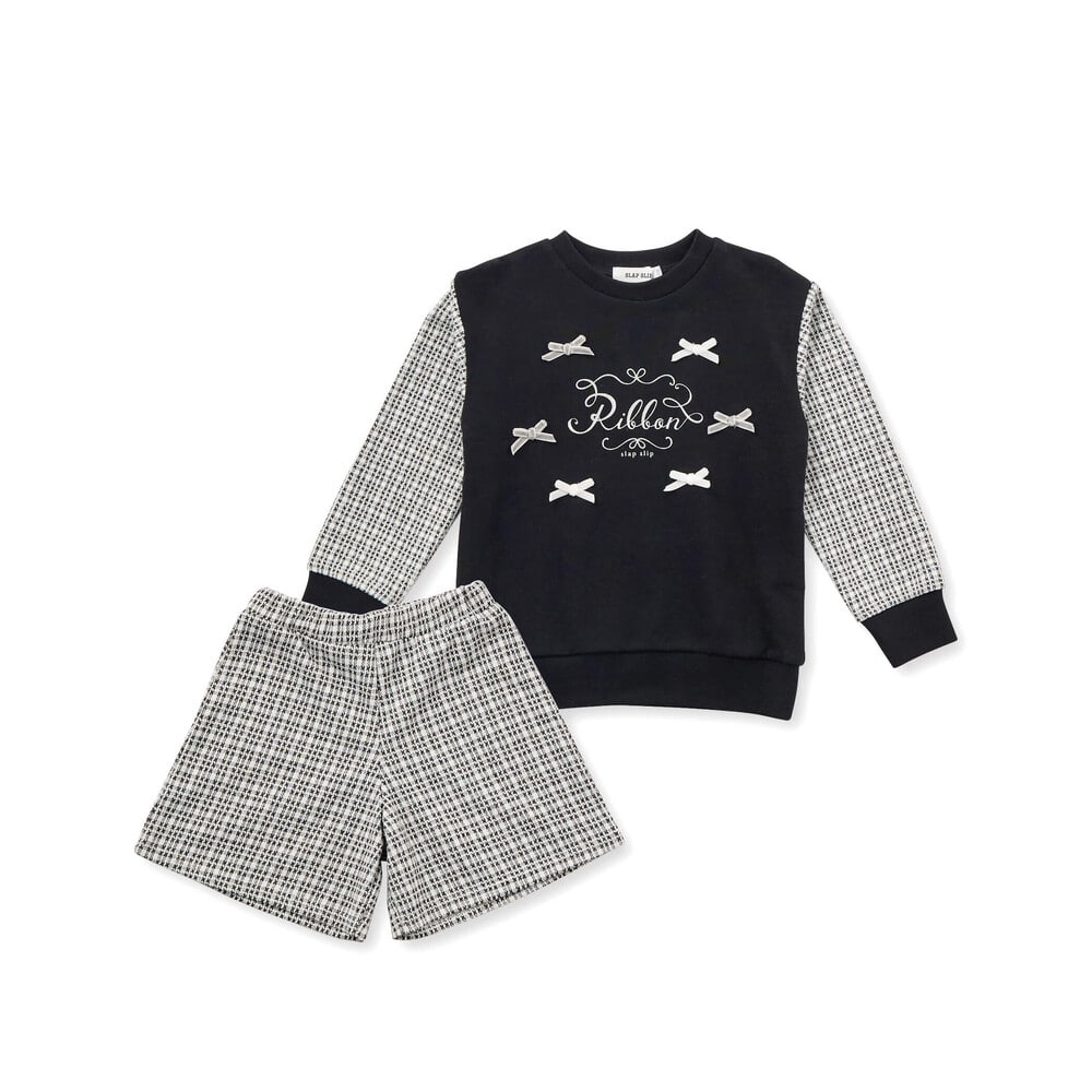 きらめくグリッタープリント切り替えトレーナー+ケーブル編みチェックショートパンツ2点セット(80~130cm) オフホワイト 80cm