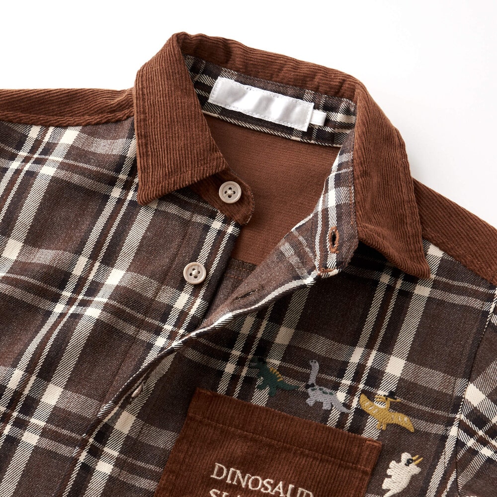 【お揃い】配色コールテン襟付チェック柄シャツ(80~130cm) ブラウン系 80cm