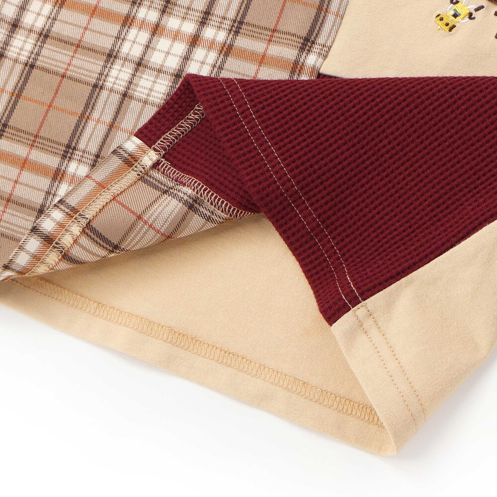 【お揃い】モチーフ刺しゅうチェック切り替え長袖Tシャツ(80~130cm) オフホワイト 80cm