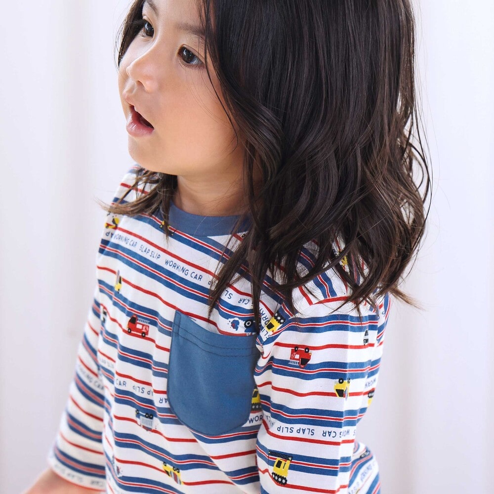【スララク/防汚加工/オーガニックコットン】わくわくデザイン男の子長袖Tシャツ(80~130cm) ネイビー×ワニ恐竜消防車 80cm