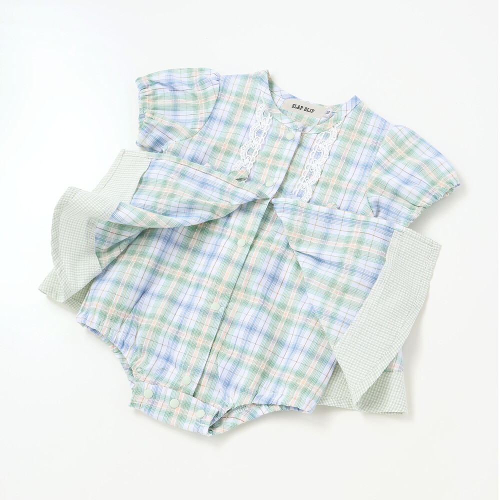 【お揃い】リボン付きマドラスチェックカバーオールベビー(70~80cm) ブルー系 70cm