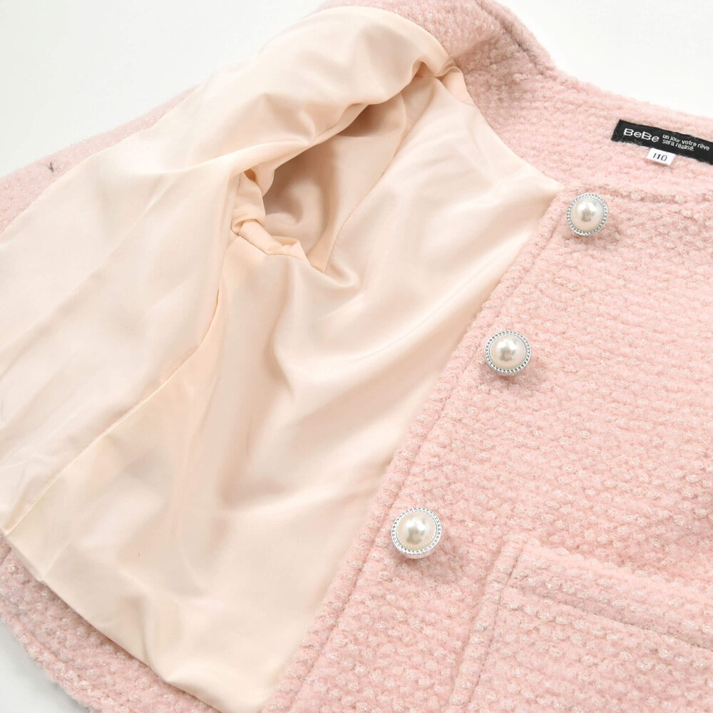 【お揃い】ラメボアパールボタンノーカラージャケット(100~160cm) ネイビー 100cm