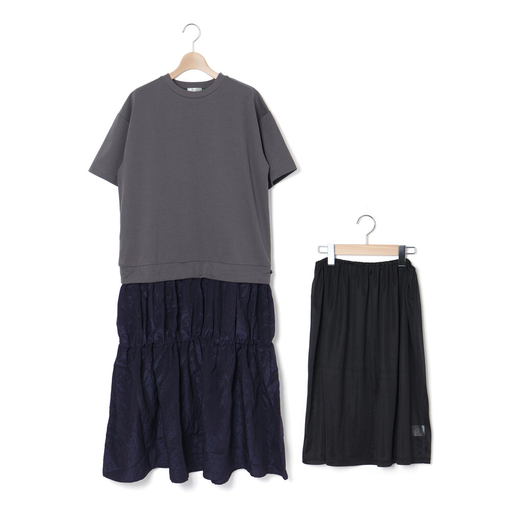 (ペチコート付)ポンチ+メタリックボイルスカートドッキング半袖ワンピース親子お揃い大人(140~160cm) ブラック S(140~150cm)