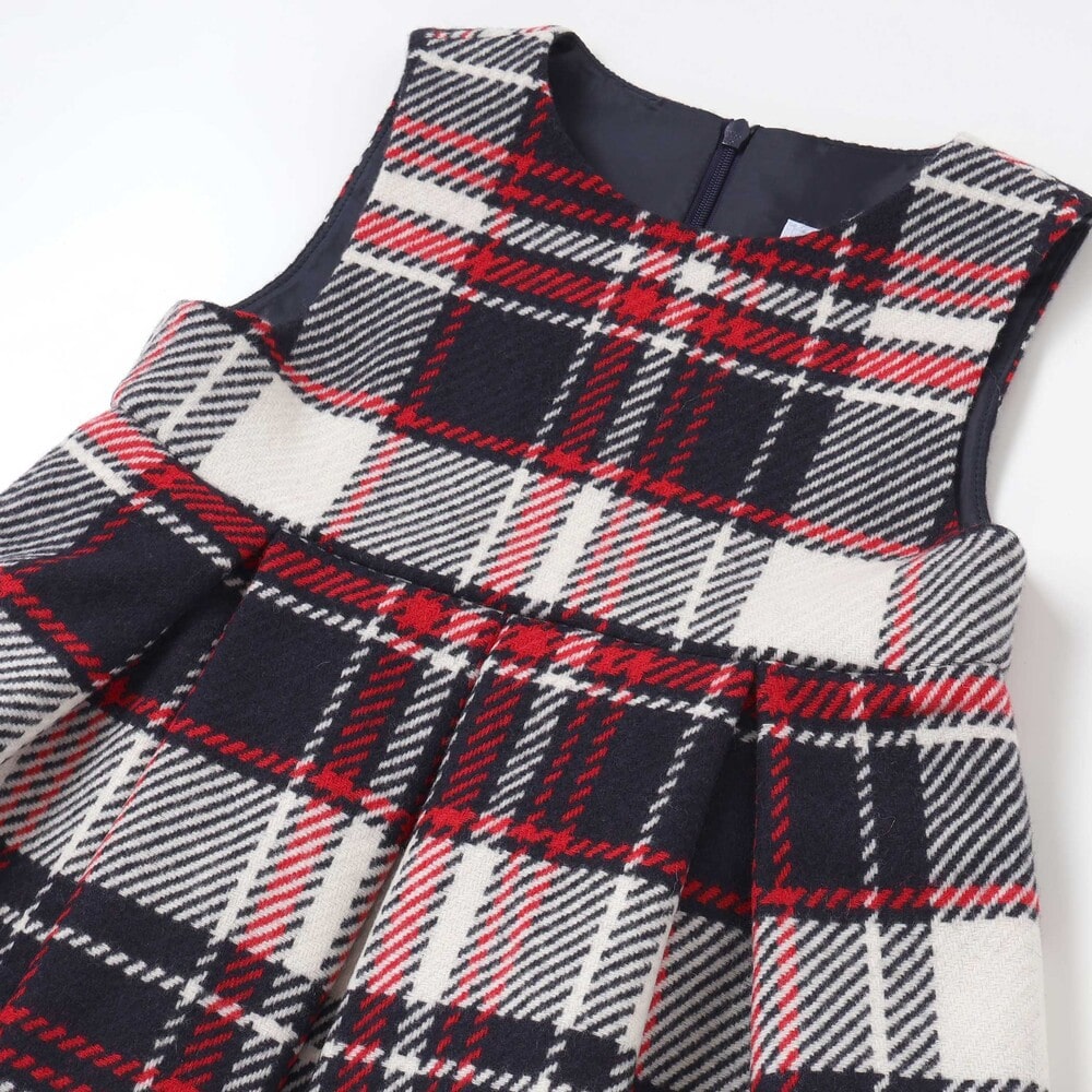 【日本製】【お揃い】ウールチェックサイドリボン付きジャンパースカート(90~140cm) ネイビー系 100cm