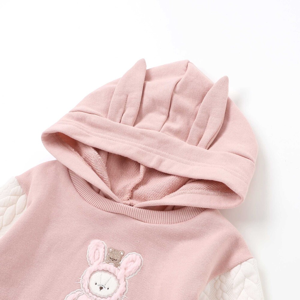 ウサギネコアニマルふわふわパッチ刺しゅう袖切り替えフーディーワンピース(80~130cm) ピンク(ウサギ) 80cm