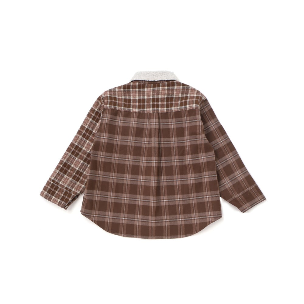 【お揃い】もこもこボア襟切り替えチェックシャツ(90~130cm) ネイビー×レッド系 90cm