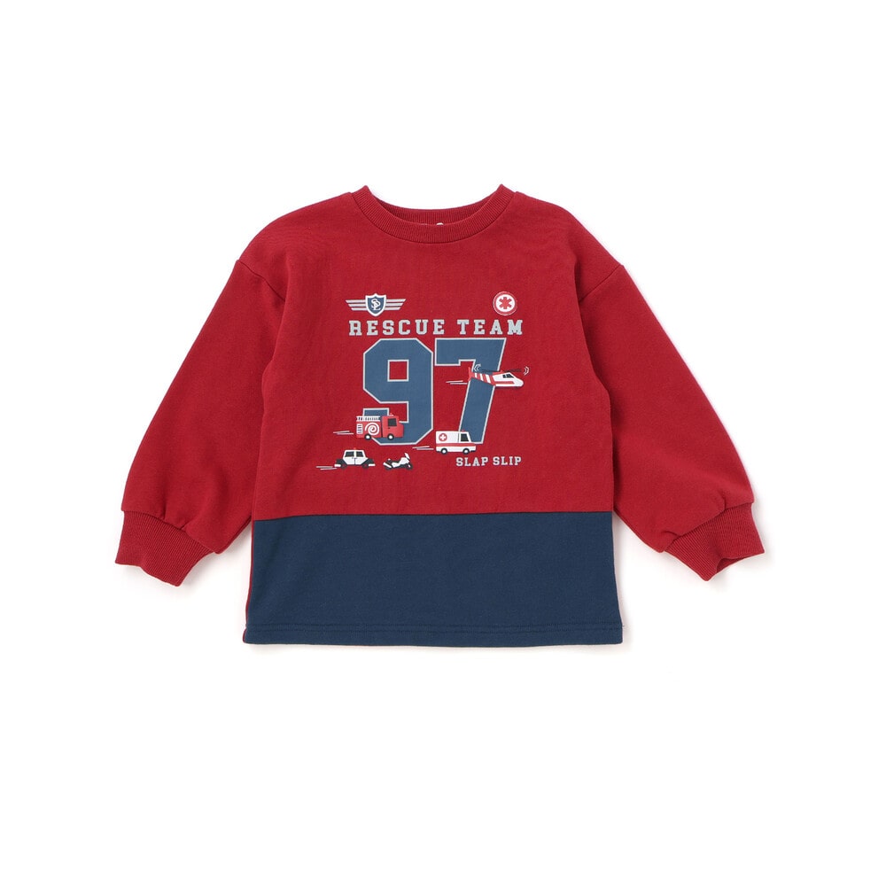 はたらくくるま発泡プリント星パッチナンバリングバイカラートレーナー(80~130cm) レッド×ネイビー 80cm