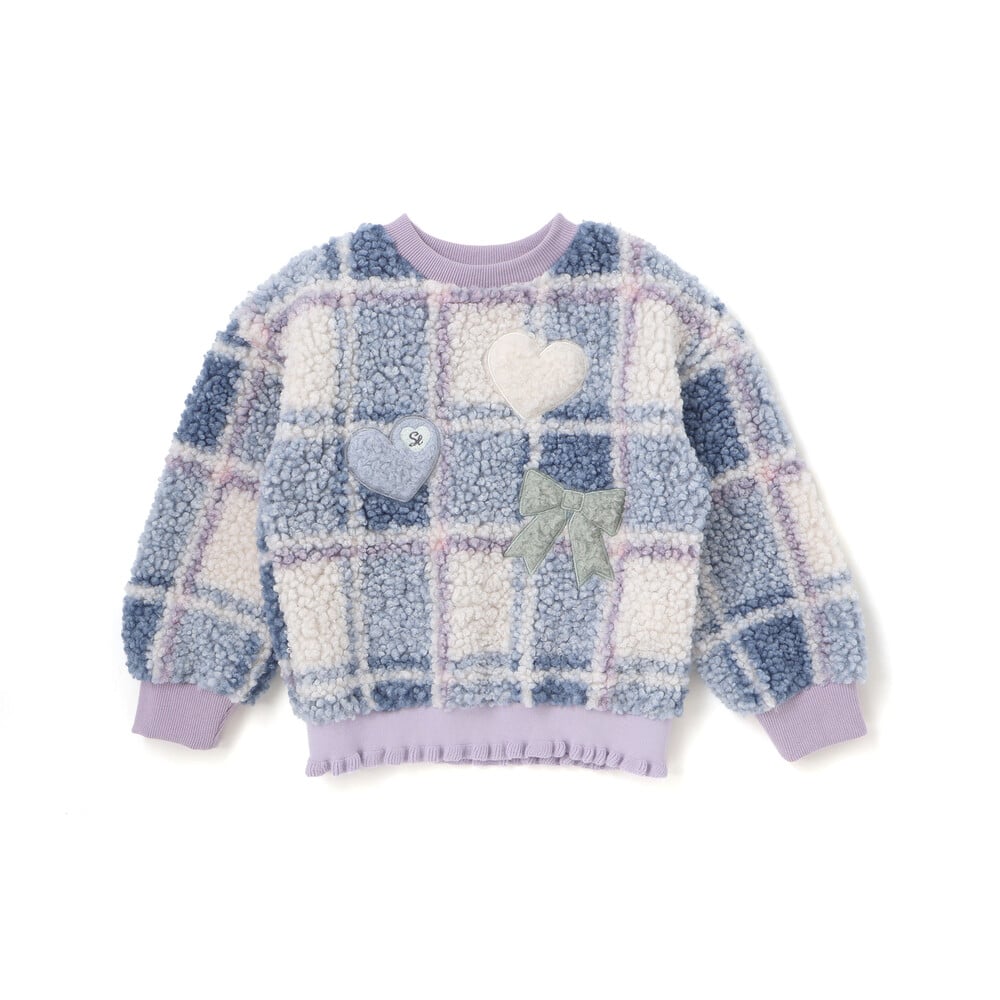 ハートリボンキラキラボアパッチもこもこチェックトレーナー(80~130cm) ブルー系 80cm