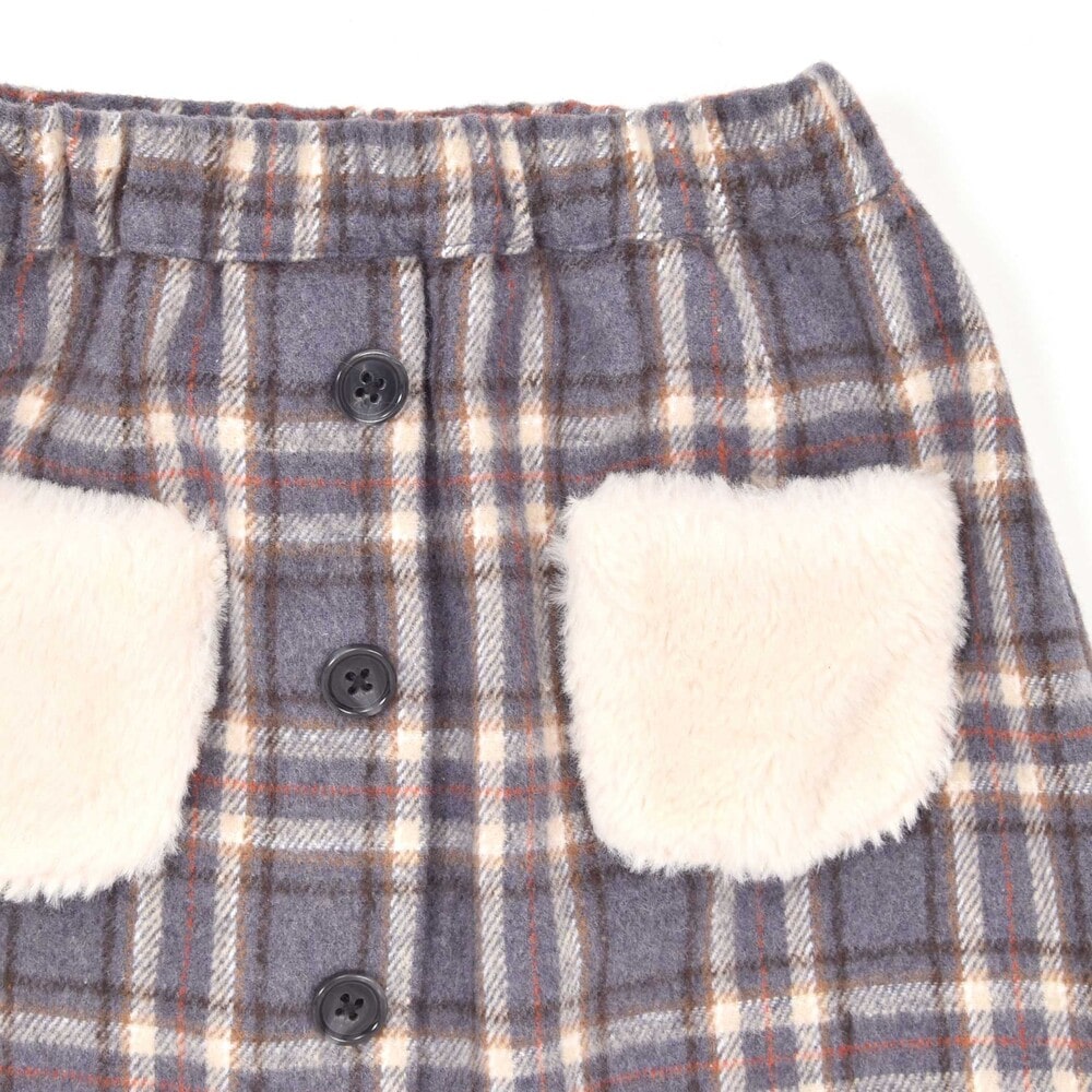 【お揃い】ボアポケット飾りボタンチェックスカート(90~140cm) グレー系 90cm