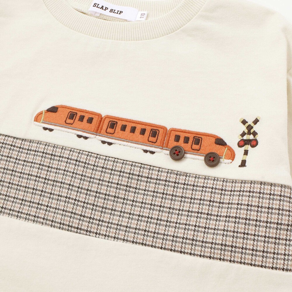 電車モチーフチェック切り替え長袖Tシャツ(80~130cm) イエロー 80cm