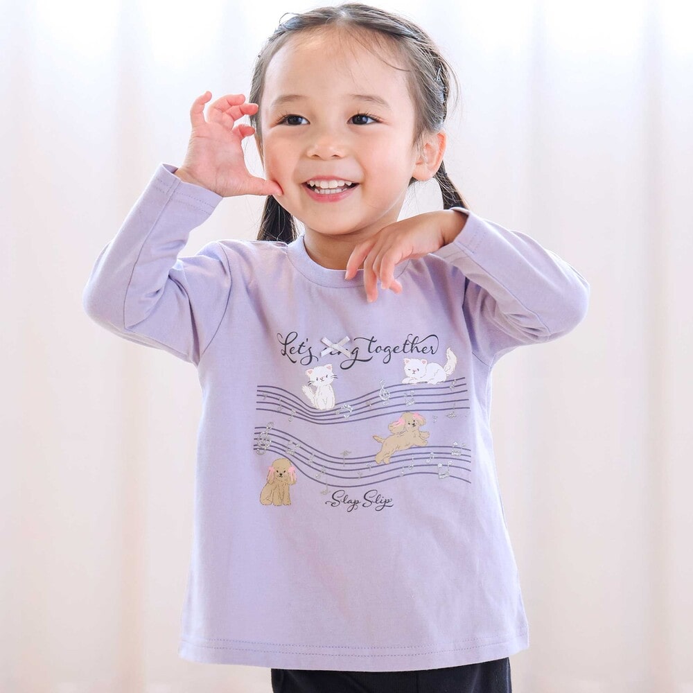 【スララク/防汚加工/オーガニックコットン】ときめきデザイン女の子長袖Tシャツ(80~130cm) ブラックドット×チェリー刺しゅう 80cm