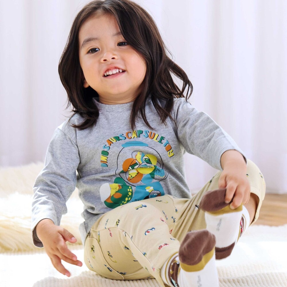 【スララク/防汚加工/オーガニックコットン】わくわくデザイン男の子長袖Tシャツ(80~130cm) ネイビー×ワニ恐竜消防車 80cm