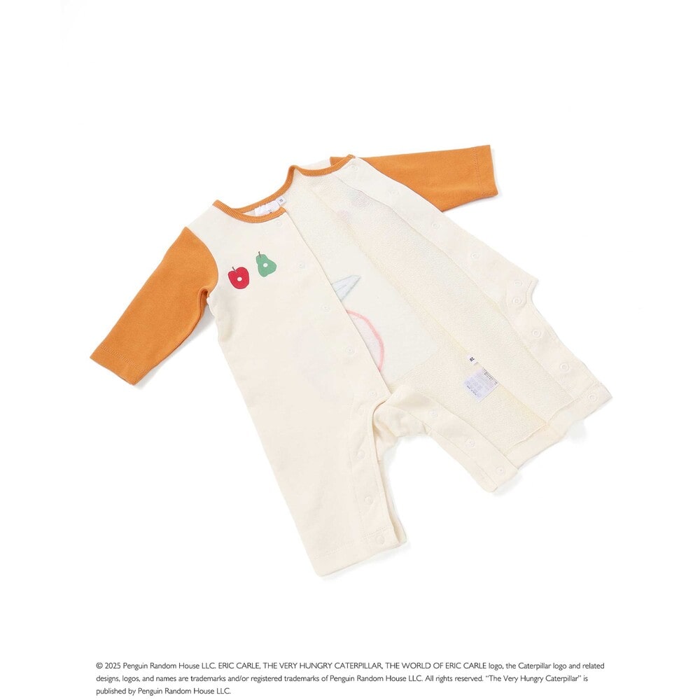 【絵本コラボ-はらぺこあおむし-】袖配色おしりパッチカバーオール(70~80cm) グリーン(リンゴ) 70cm