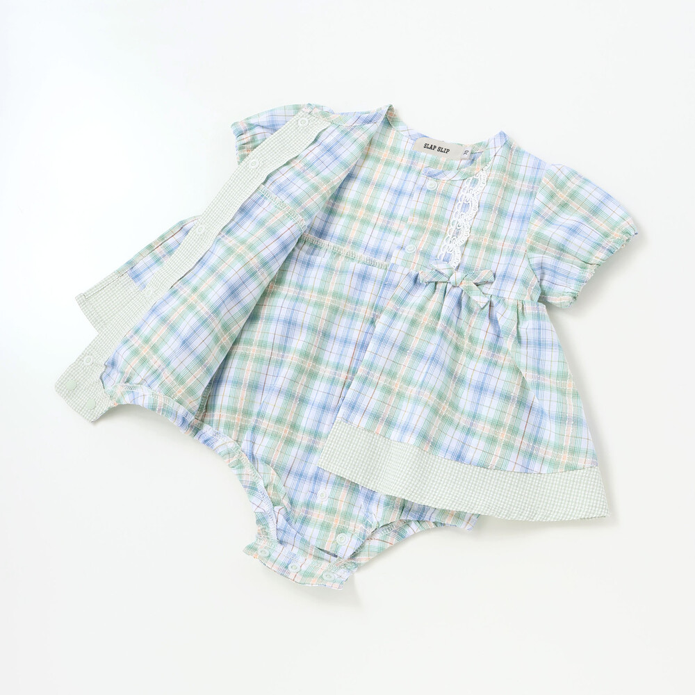 【お揃い】リボン付きマドラスチェックカバーオールベビー(70~80cm) ブルー系 70cm