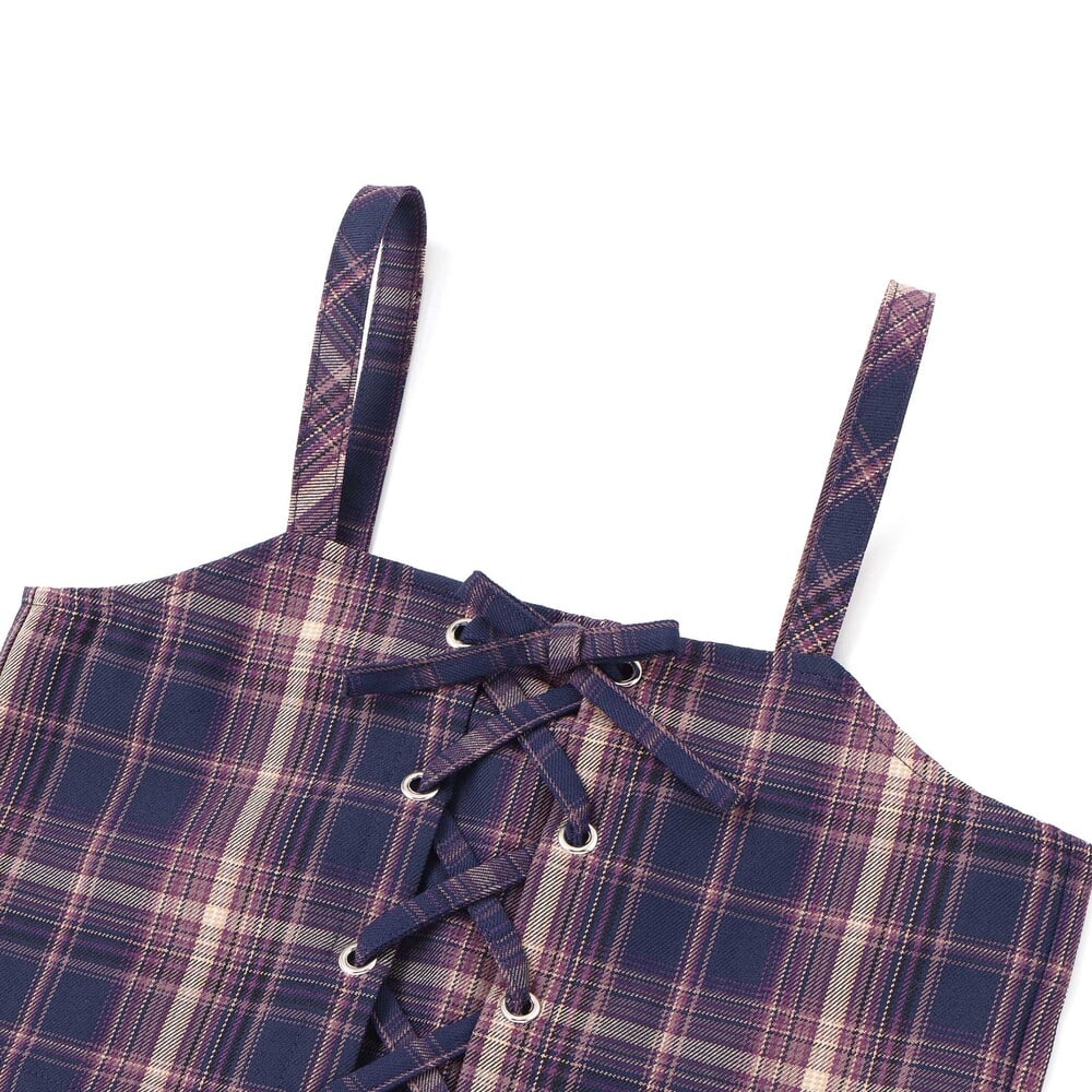 チェックレースアップビスチェ&ロゴプリントTシャツセット(110~150cm) ネイビー系 110cm