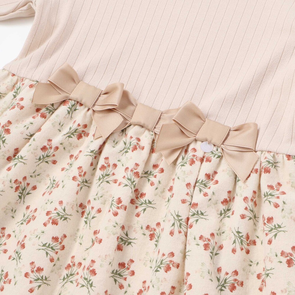 【限定商品】リブ+ネル花柄ドッキング長袖ワンピース(95~150cm) ネイビー系 95cm