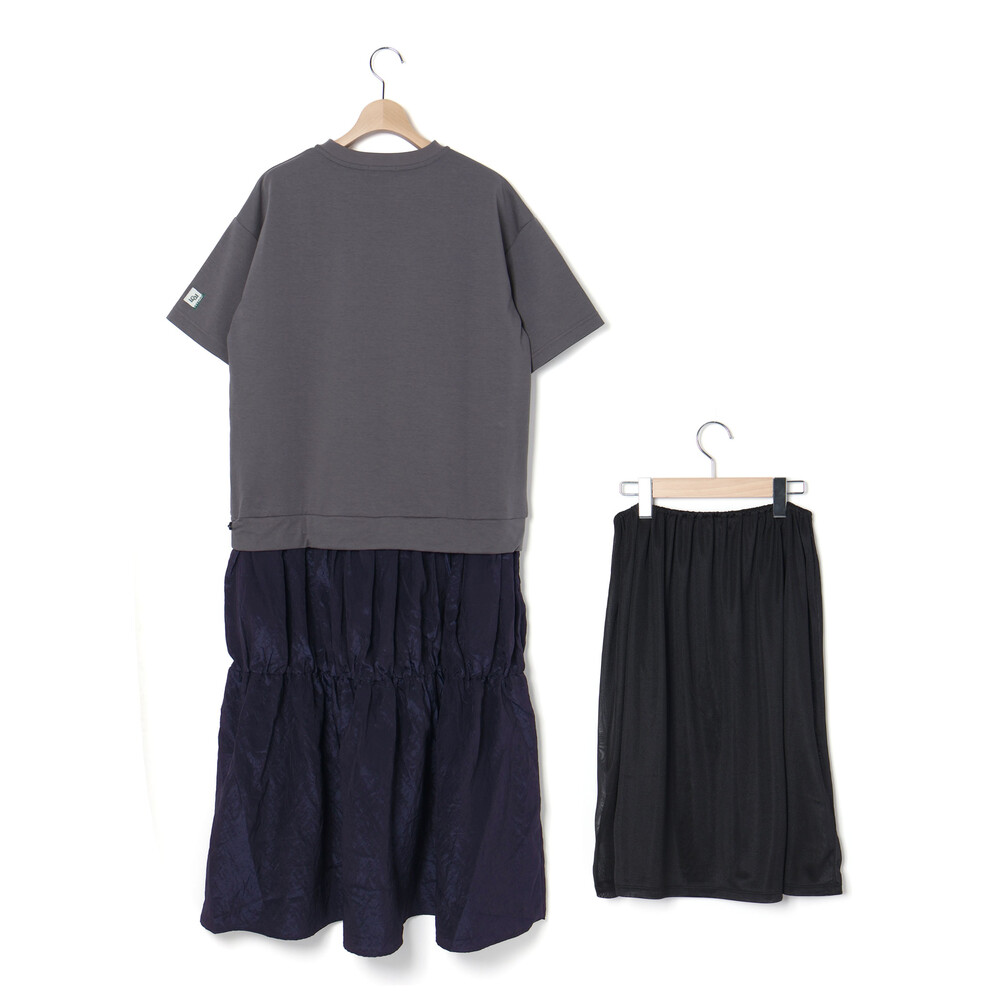 (ペチコート付)ポンチ+メタリックボイルスカートドッキング半袖ワンピース親子お揃い大人(140~160cm) ブラック S(140~150cm)