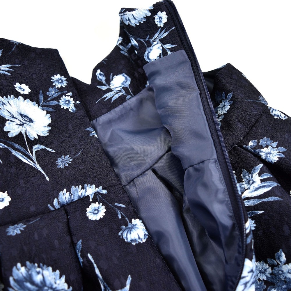 日本製 フォーマル ジャガード 花柄 リボン Aライン ワンピース ジャンパースカート ドレス (80cm~140cm) ネイビー系 80cm