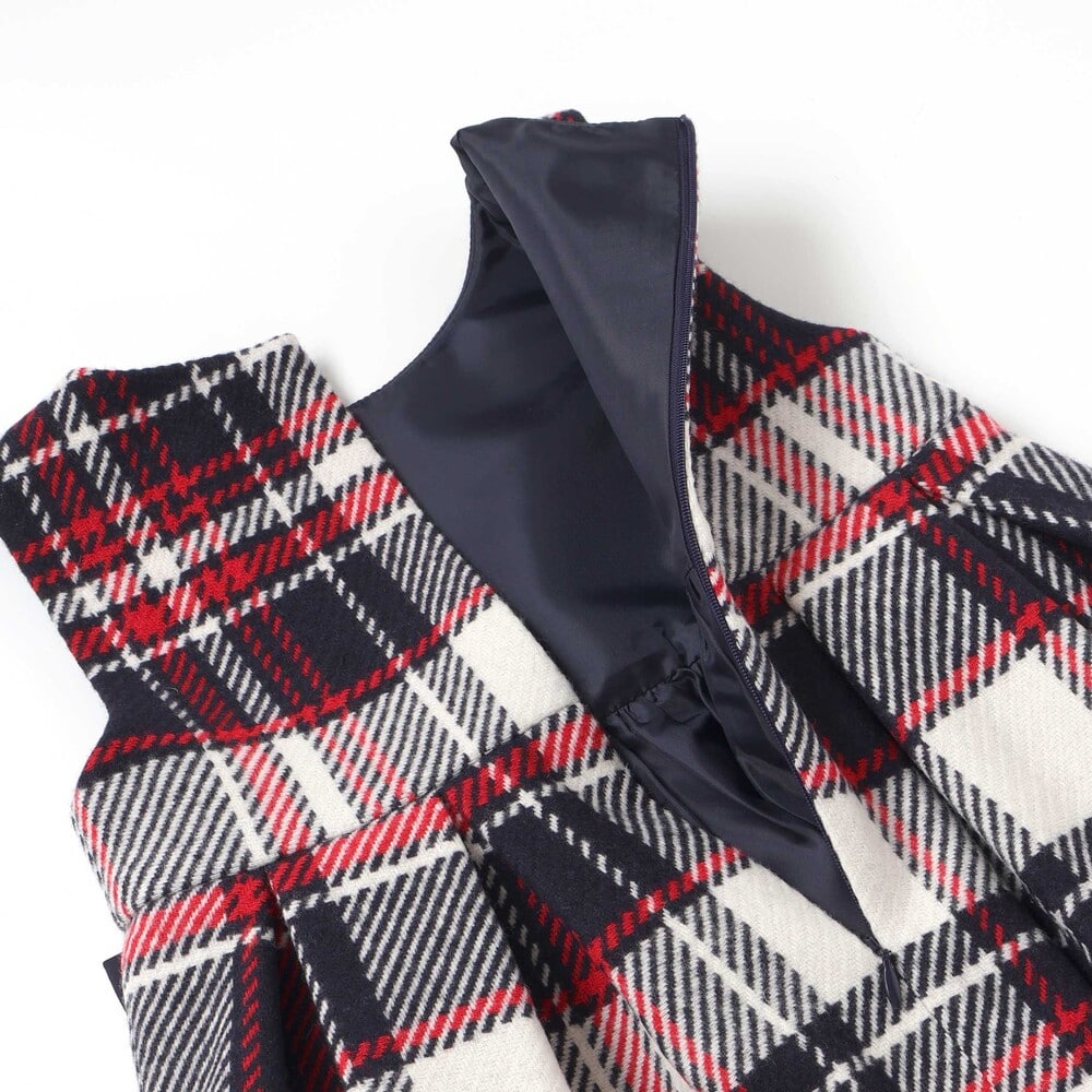 【日本製】【お揃い】ウールチェックサイドリボン付きジャンパースカート(90~140cm) ネイビー系 100cm