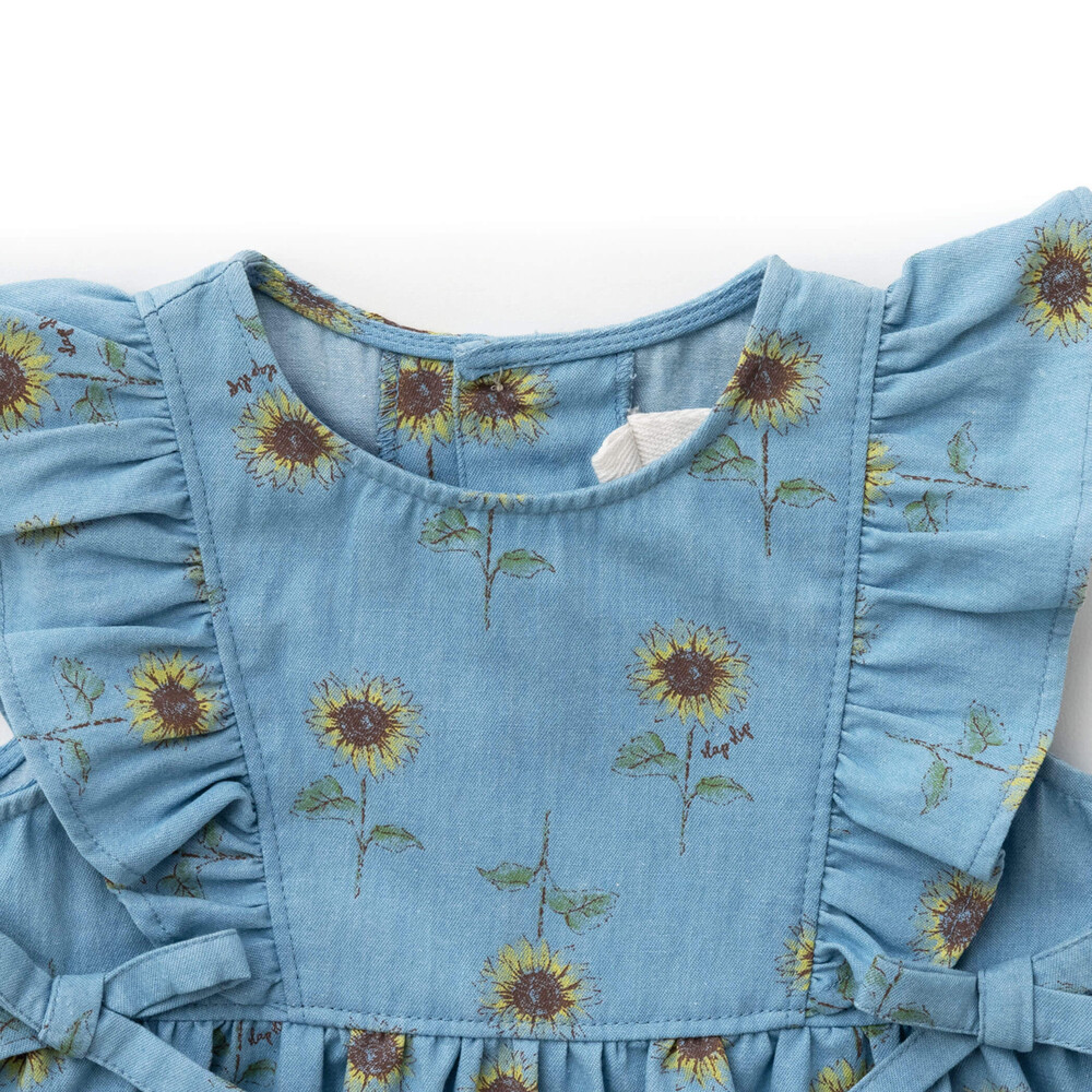 【 お揃い 】 ひまわり 総柄 デニム 布帛 ワンピース (80~130cm) ブルー系 90cm