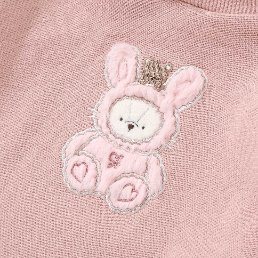 ウサギネコアニマルふわふわパッチ刺しゅう袖切り替えフーディーワンピース(80~130cm) ピンク(ウサギ) 80cm