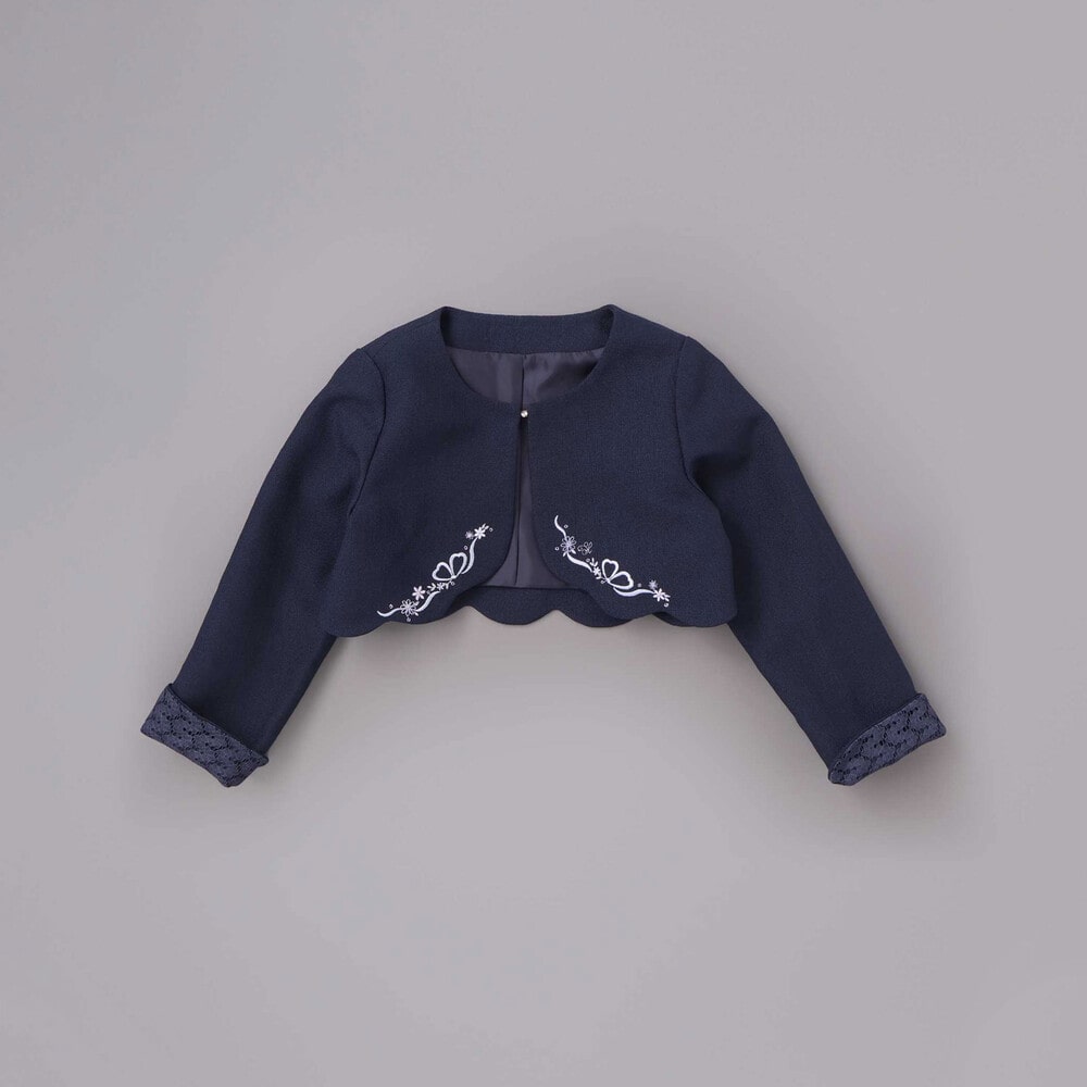 袖折り返しレース刺しゅう裾スカラップボレロ(110~130cm) ネイビー 110cm