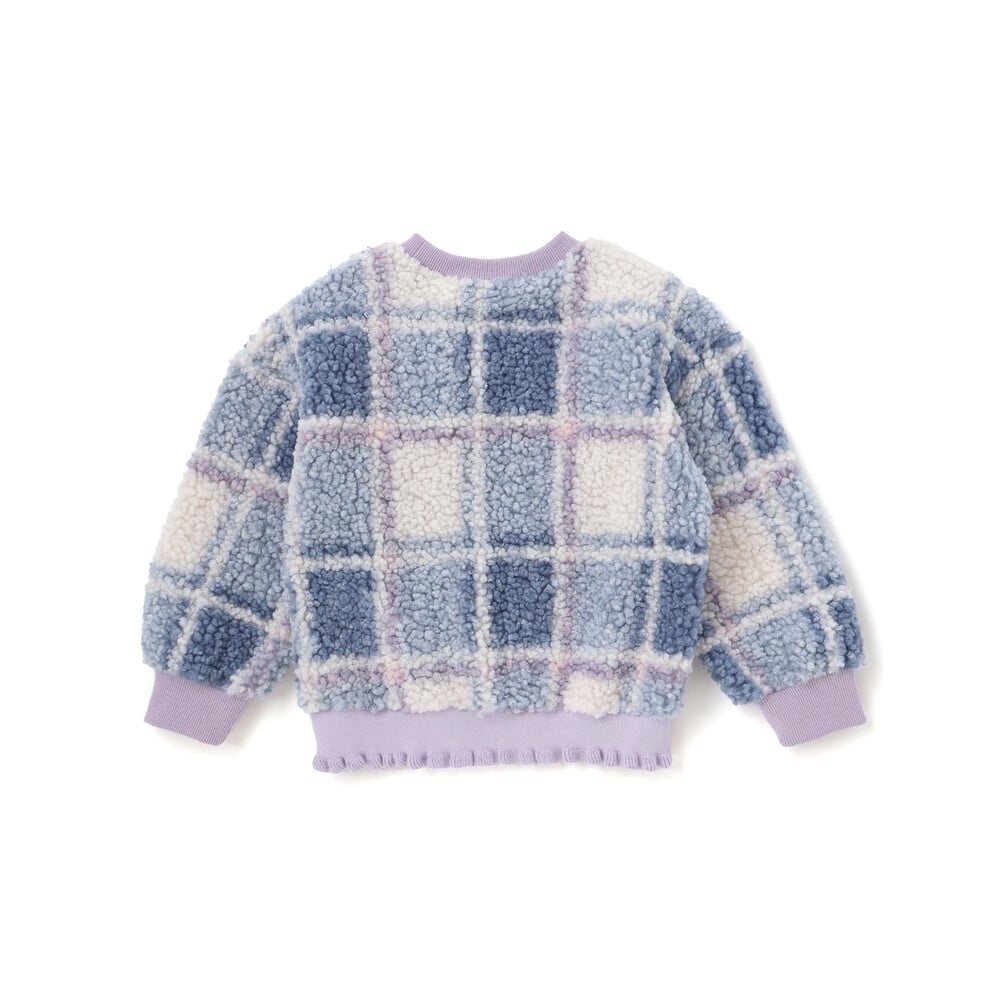 ハートリボンキラキラボアパッチもこもこチェックトレーナー(80~130cm) ブルー系 80cm