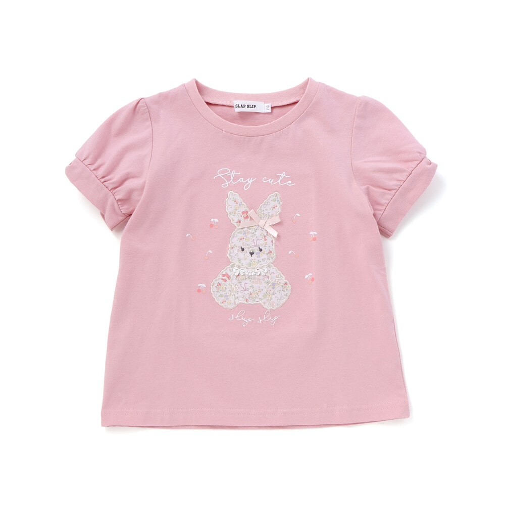 【お揃い】モチーフパッチ刺しゅうリボンスリーブ半袖Tシャツ(80~130cm) ブルー系 80cm