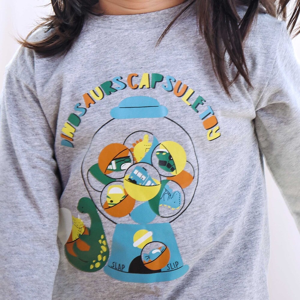 【スララク/防汚加工/オーガニックコットン】わくわくデザイン男の子長袖Tシャツ(80~130cm) ネイビー×ワニ恐竜消防車 80cm