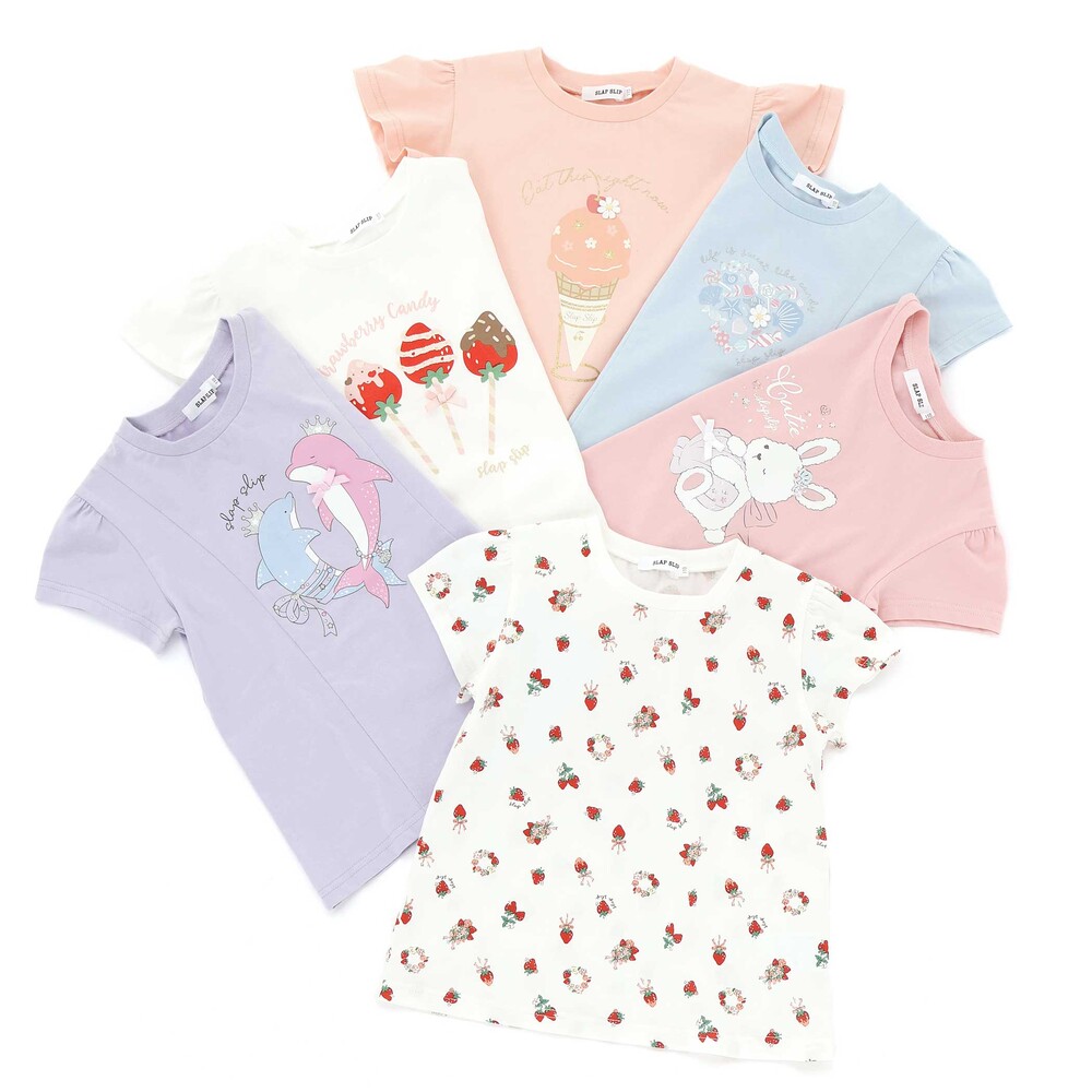 【スララク/吸汗速乾/接触冷感/オーガニックコットン】ときめき女の子半袖Tシャツ(80~130cm) コーラル×お花アイス×袖フレア 80cm