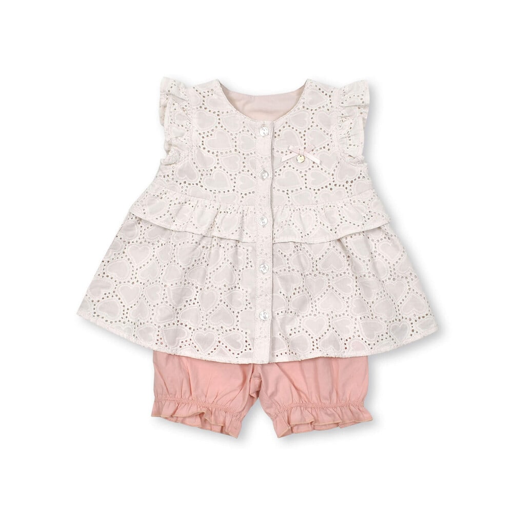 【お揃い】肩フリルハートレース生地ワンピース+ブルマセットアップベビー(70~80cm) ピンク ワンサイズ(70-80cm)